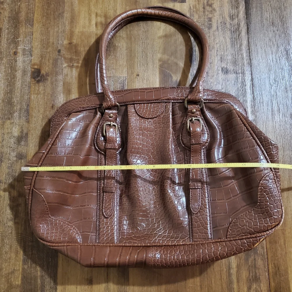 Women's Worthington Belted Satchel Handbag Purse Bag - Faux Croc Cognac Brown
